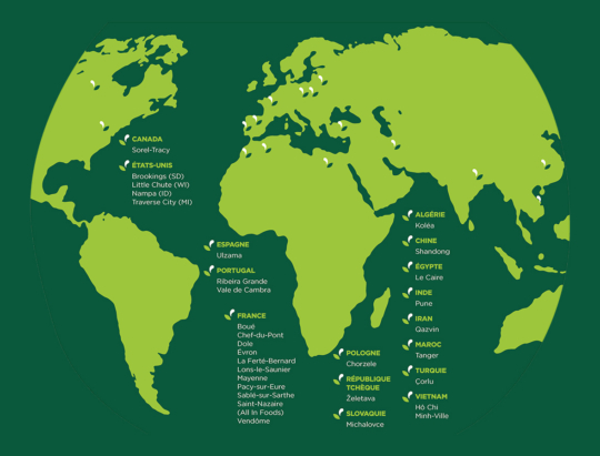 Mappemonde illustrant les différents sites de production BEL Canada : Sorel-Tracy États-Unis : Brookings, Little Chute, Nampa, Traverse City Espagne : Ulzama Portugal : Ribeira Grane, Vale de Cambra France : Boué, Chef-du-Pont, Dole, Évron, La Ferté-Bernard, Lons-le-Saunier, Mayenne, Pacy-sur-Eure, Sablé-sur-Sarthe, Saint-Nazaire Pologne : Chorzele République Tchèque : Zeletava Slovaquie : Michalovce Algérie : Koléa Chine : Shandong Égypte : Le Caire Inde : Pune Iran : Qazvin Maroc : Tanger Turquie : Çorlu Vietnam : Hô Chi Minh-Ville